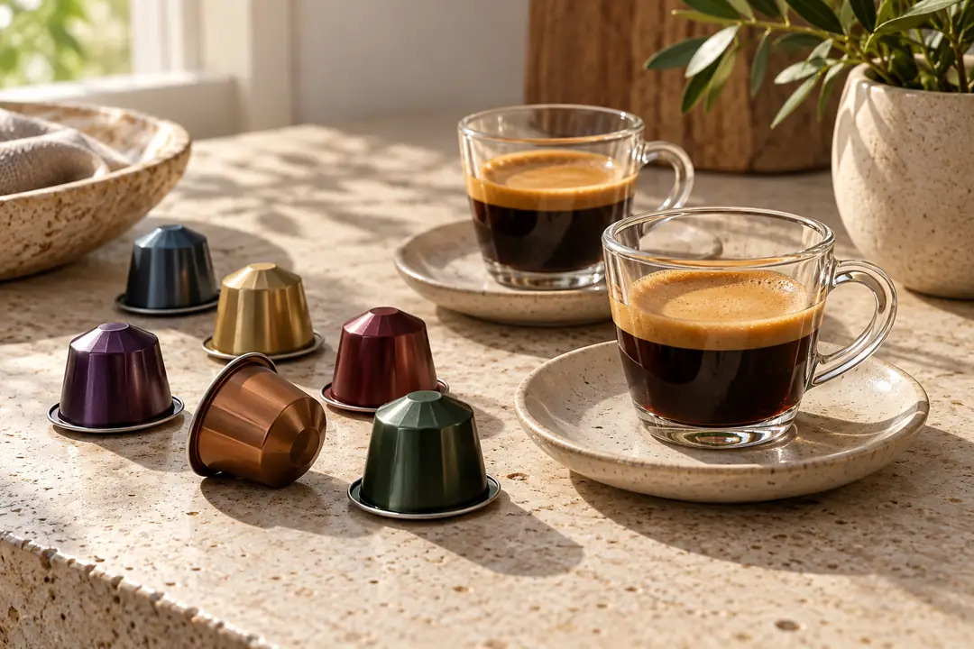 Assorted illustrative coffee capsules with two espresso cups