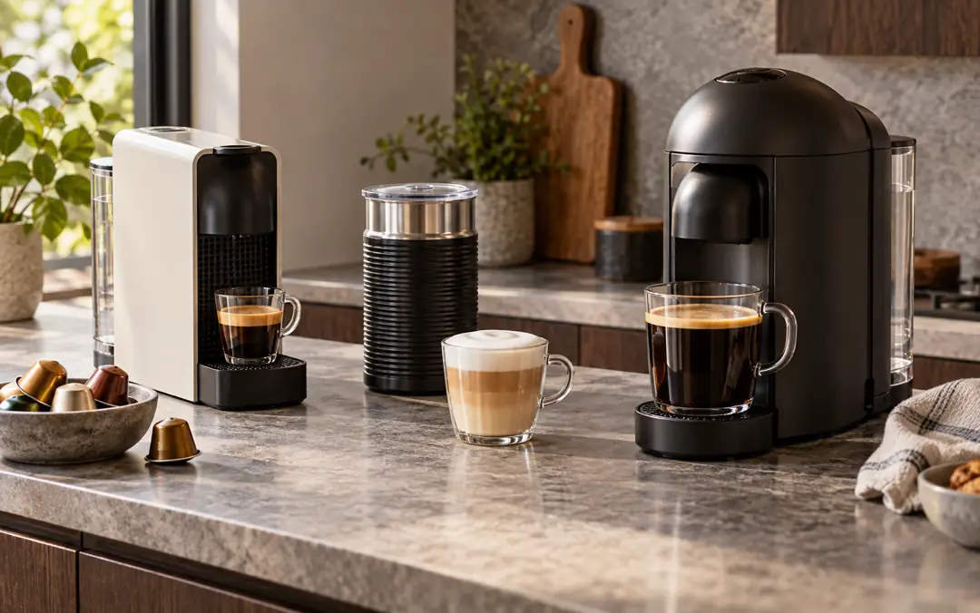 Two compact unbranded capsule coffee machines with espresso and a milk frother