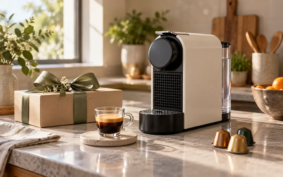 Compact white capsule coffee machine with a wrapped gift and espresso