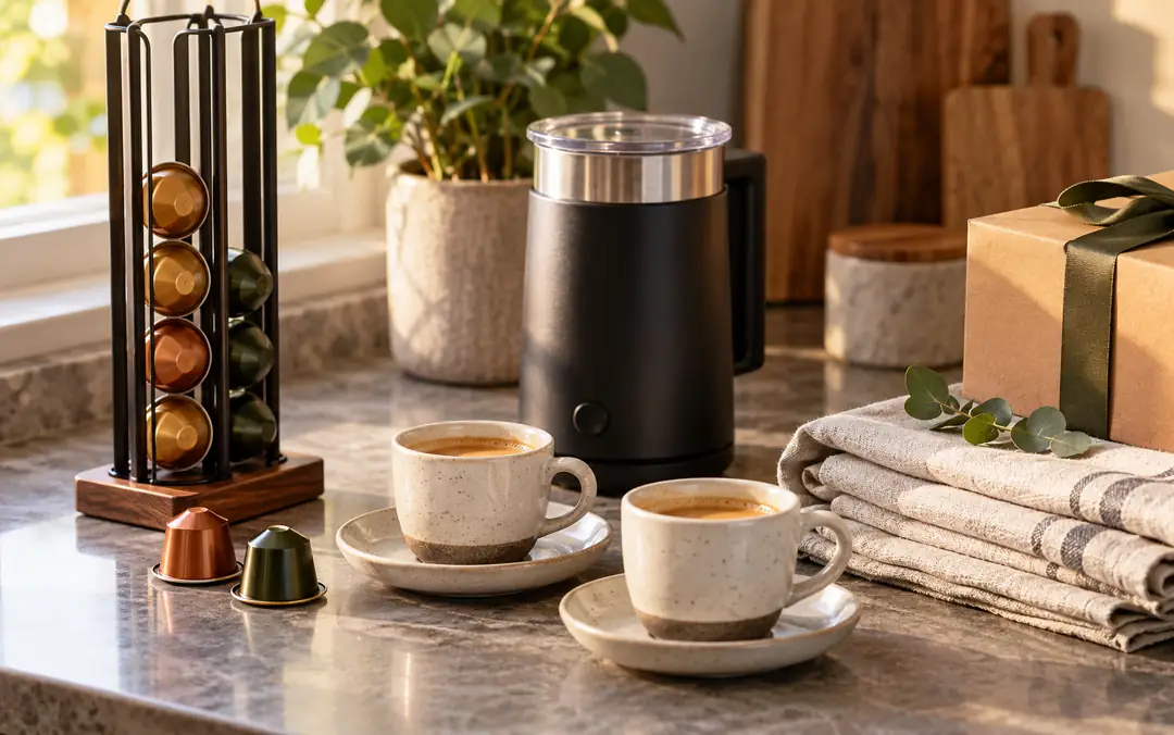 Coffee capsule storage, cups and accessories arranged as a gift set