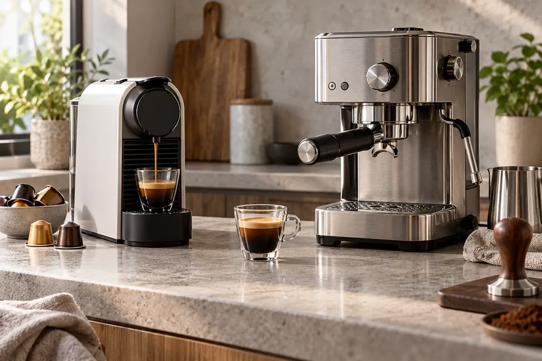Compact capsule machine beside a manual portafilter espresso machine