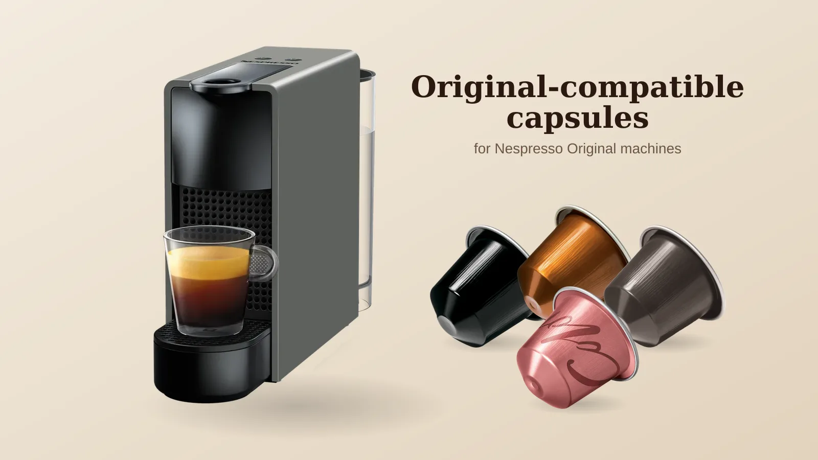 Nespresso Essenza Mini Original machine beside four Original-system capsules