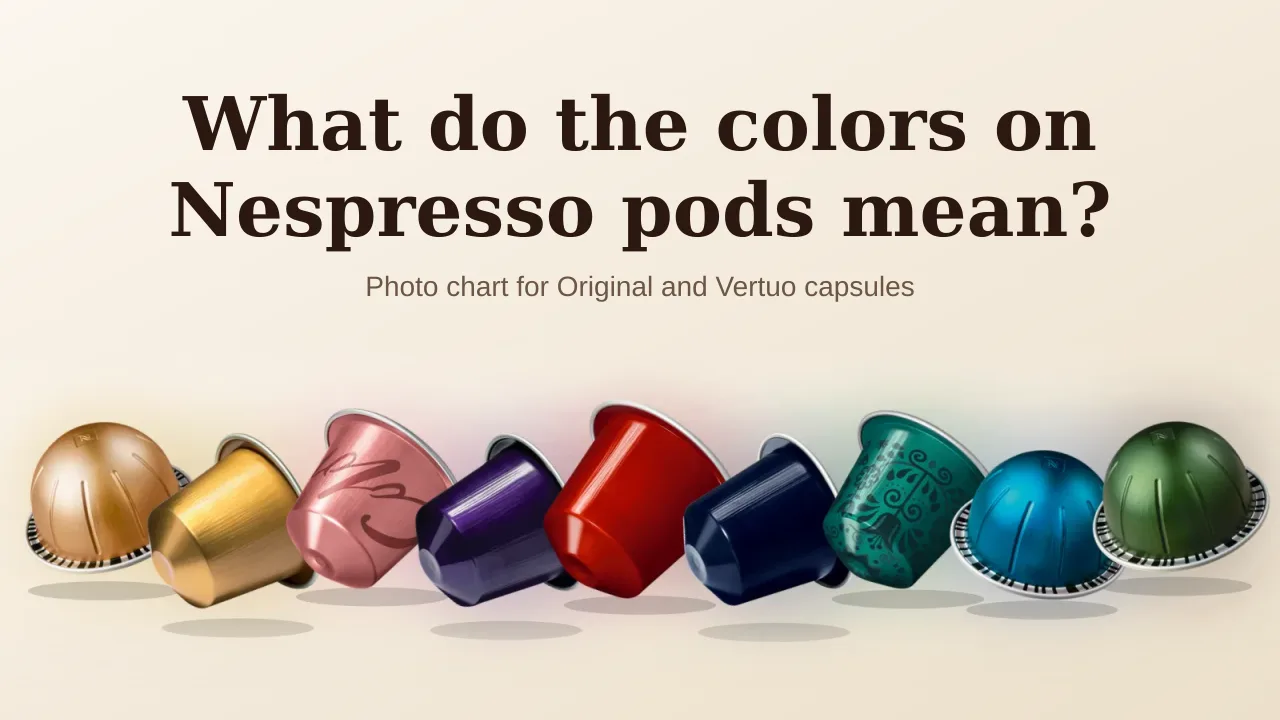 Nespresso Original and Vertuo capsules in a row, from gold and pink to purple, red, green and blue
