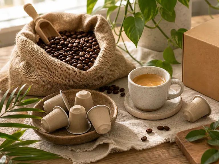 Organic and Fair-Trade Nespresso Alternatives to Try image-generated editorial coffee scene.