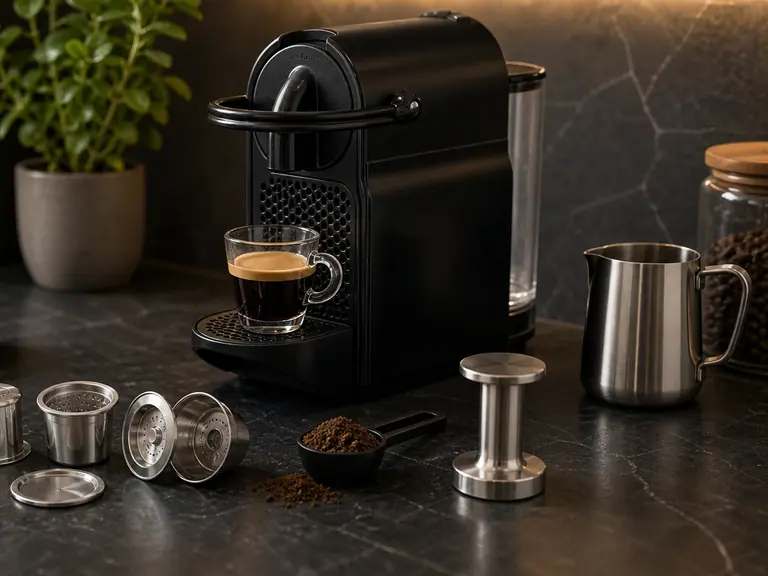 Why Try Stainless Steel Reusable Pods for Nespresso Original? image-generated editorial coffee scene.