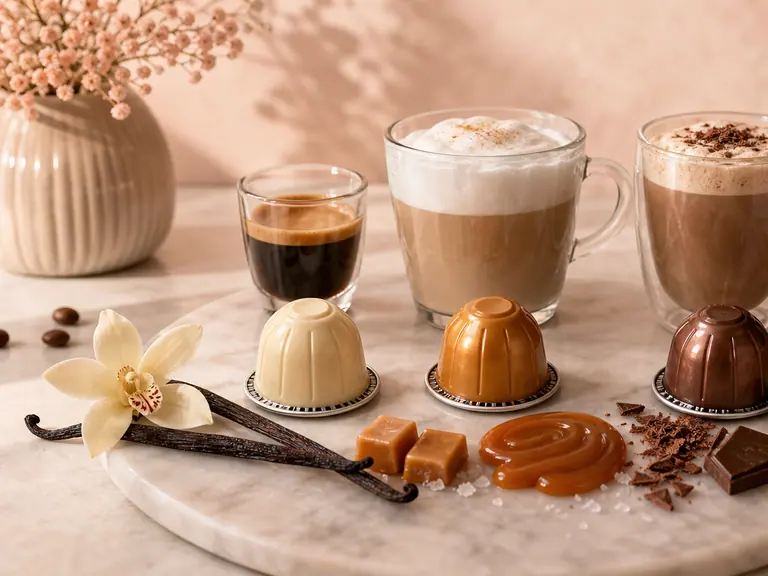Flavored Nespresso Pods: Vanilla, Caramel and Chocolate Compatibility Guide image-generated editorial coffee scene.