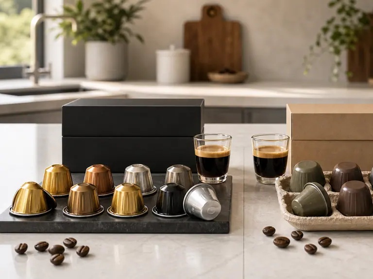 Premium Pods vs Supermarket Private Labels: Are They Really Better? image-generated editorial coffee scene.