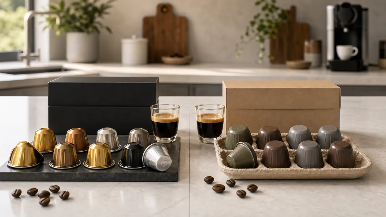 Premium Pods vs Supermarket Private Labels: Are They Really Better? image-generated editorial coffee scene.