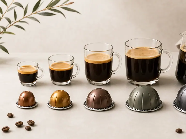 Vertuo Line Pod Sizes Explained: Espresso to Carafe image-generated editorial coffee scene.