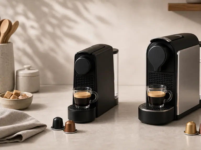 Essenza Mini vs Pixie: Which Small Nespresso Original Machine Is Better? image-generated editorial coffee scene.