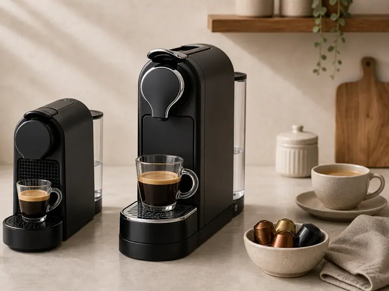 Essenza Mini vs CitiZ: Compact Budget Pick or Premium Everyday Machine? image-generated editorial coffee scene.