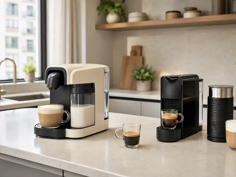 Lattissima One vs Essenza Mini + Aeroccino: Which Setup Is Better for Small Kitchens? image-generated editorial coffee scene.