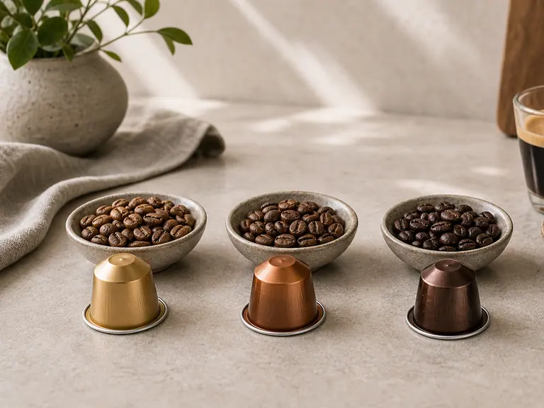Nespresso Pods 101: Roast Levels Explained image-generated editorial coffee scene.