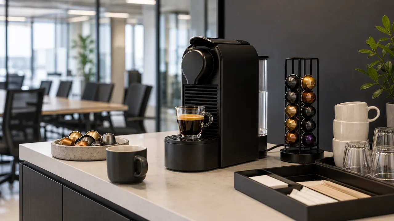 Choosing the Right Nespresso Model for Your Office Space image-generated editorial coffee scene.