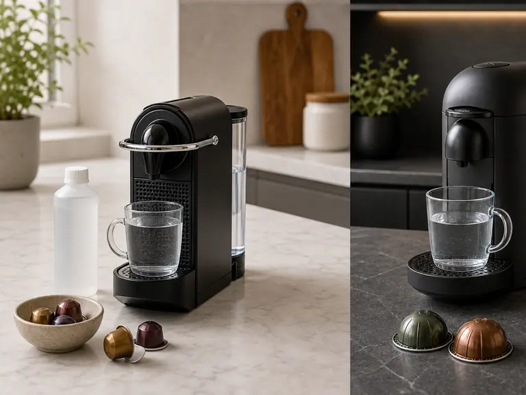 Descaling Vertuo vs. Original Machines: What’s Different? image-generated editorial coffee scene.