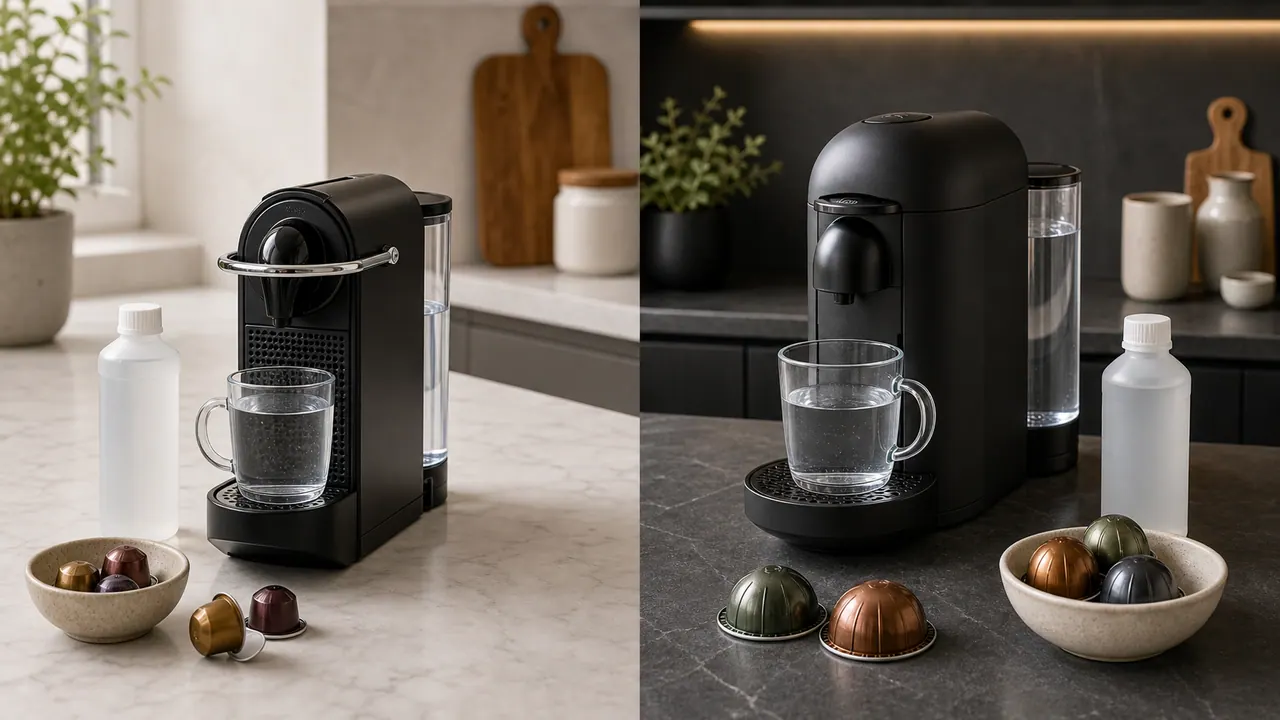 Descaling Vertuo vs. Original Machines: What’s Different? image-generated editorial coffee scene.