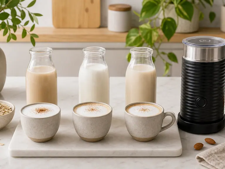 Best Milk for Nespresso Frothers: Oat, Dairy or Almond? image-generated editorial coffee scene.