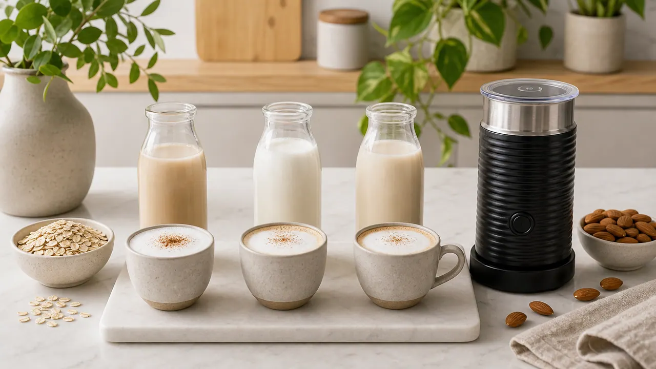 Best Milk for Nespresso Frothers: Oat, Dairy or Almond? image-generated editorial coffee scene.