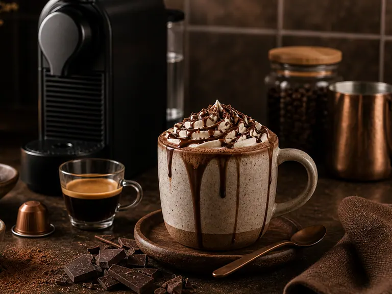 Create Your Own Nespresso-Based Mocha at Home image-generated editorial coffee scene.