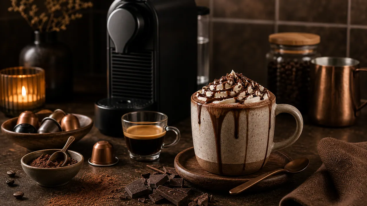 Create Your Own Nespresso-Based Mocha at Home image-generated editorial coffee scene.