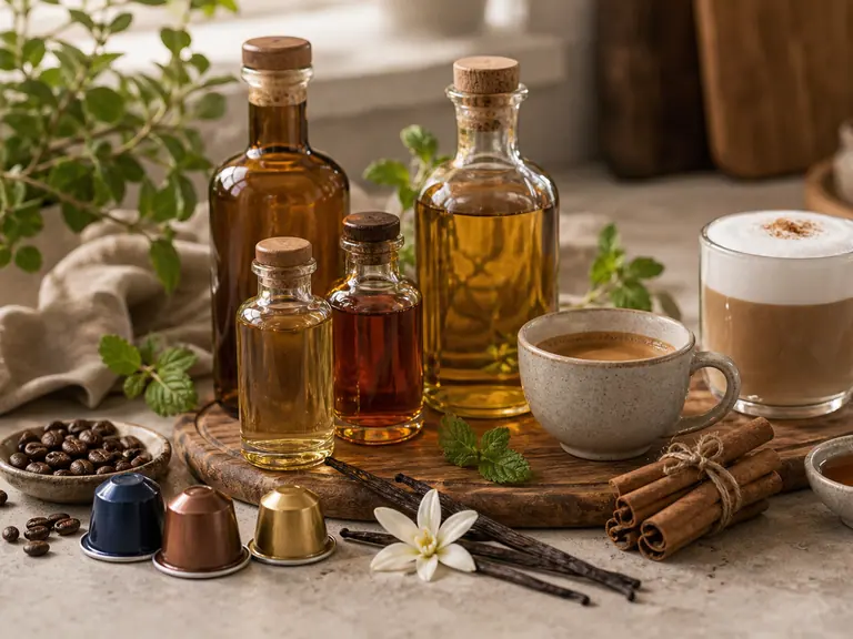 Natural Syrups with Nespresso Pods: How to Flavor Coffee Safely image-generated editorial coffee scene.