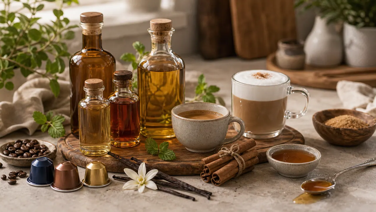 Natural Syrups with Nespresso Pods: How to Flavor Coffee Safely image-generated editorial coffee scene.