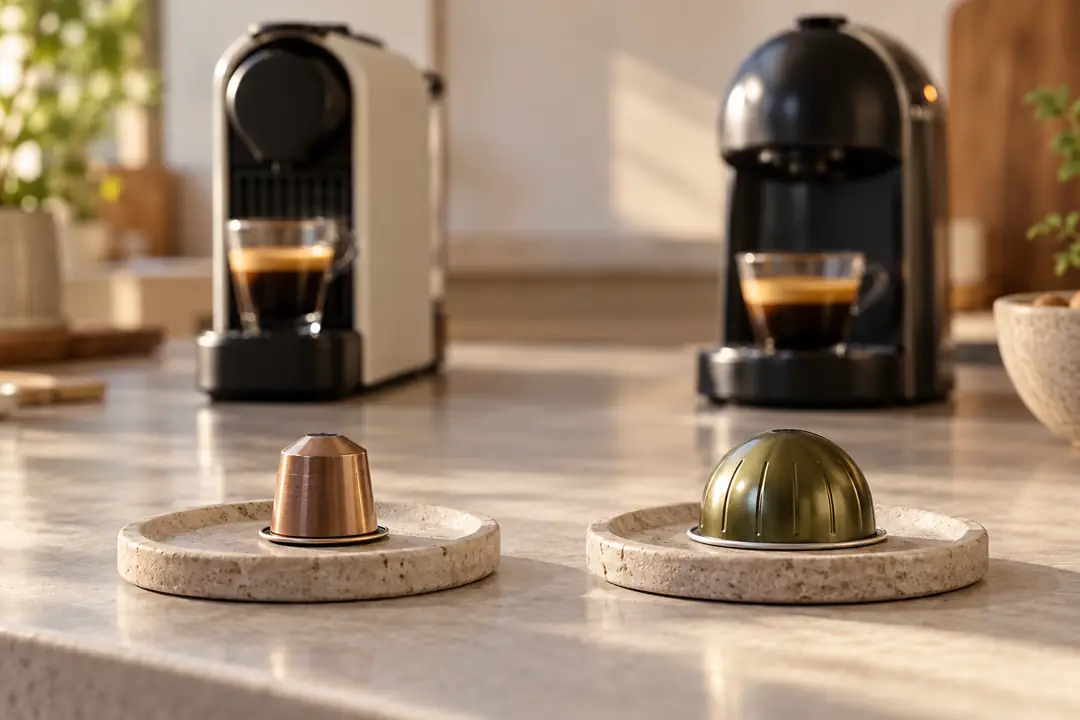 Two different illustrative coffee capsule shapes shown beside generic machines