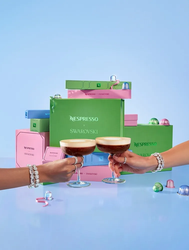 Nespresso x Swarovski 2026 festive boxes in pink, green and blue