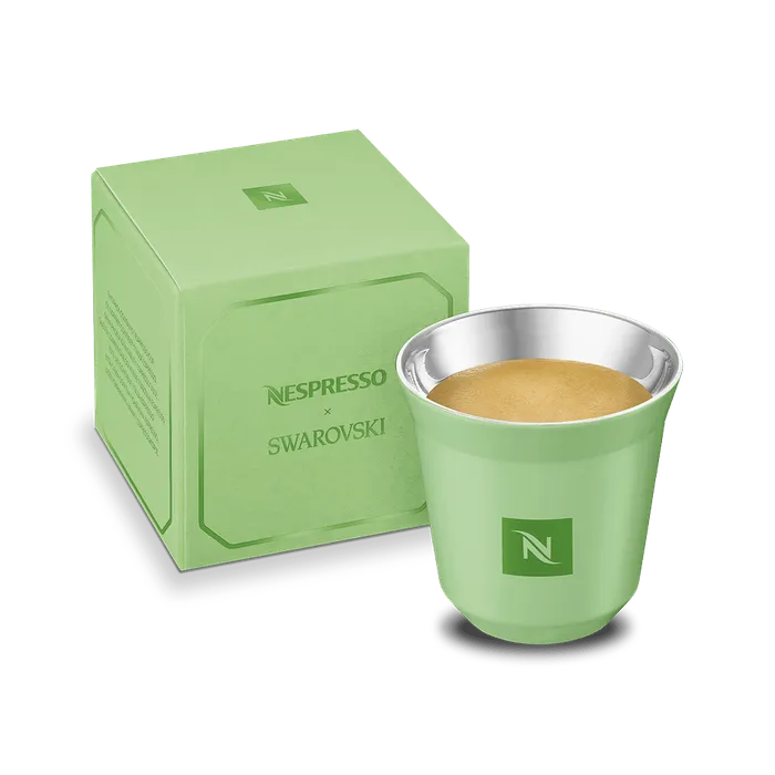 Green Nespresso x Swarovski Pixie espresso cup with its gift box